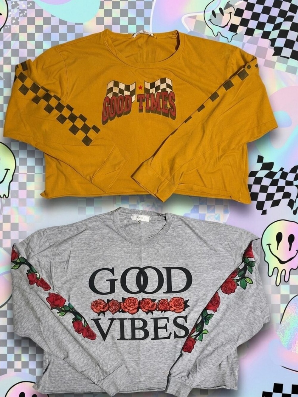 Lot of 2 Obsessive Love Long Sleeve Graphic Tees Mustard Checkerboard Rose Crop
